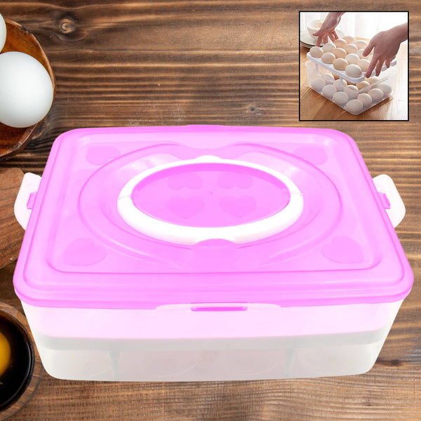 2Layer, 32 Grid Egg Tray with Lid Egg Carrier Holder for Refrigerator, Camping Food Storage Container with Handle (1 Pc )