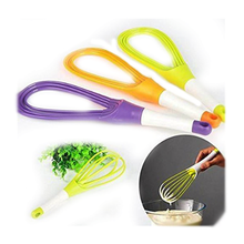 Plastic whisk mixer for various liquids, including milk, coffee, eggs, and juice.