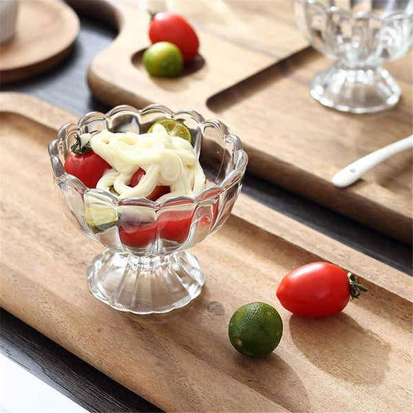 Set of 6 clear dessert bowls for serving ice cream, salad, and fruits.