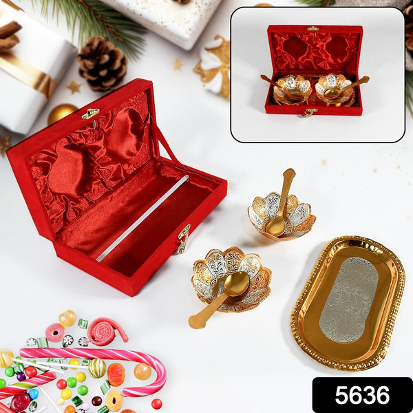 5in1 Gold Silver Plated 2 Bowl 2 Spoon Tray Set Brass with Red Velvet Gift Box Serving Dry Fruits Desserts Gift