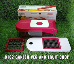 Ganesh red plastic chopper, vegetable and fruit cutter, different angles and details.